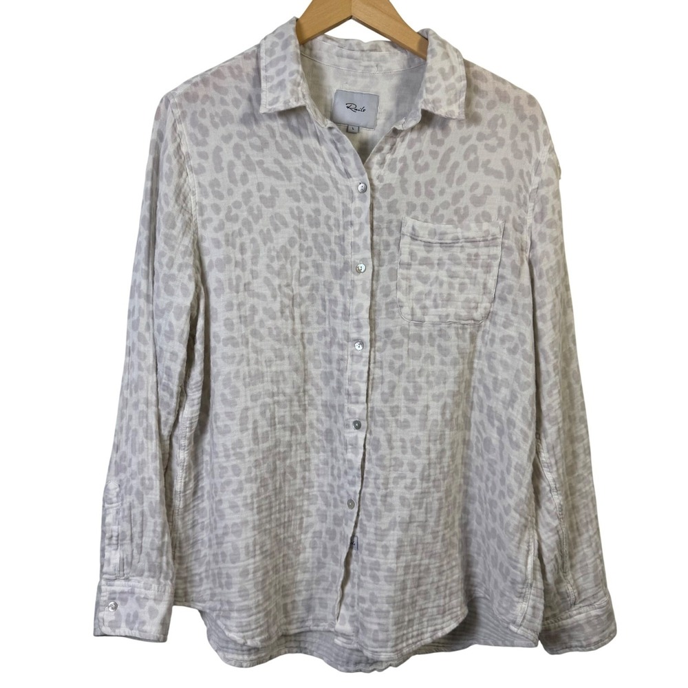 Rails Womens Shirt‎ Large White Grey Cheetah Print Button Down Long Sleeve Gauzy